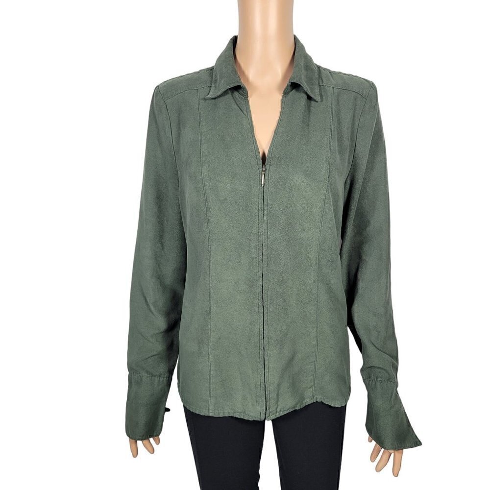 Croft & Barrow Women's Dark Green Faux Suede Feeling Zip Up Over Shirt Size M